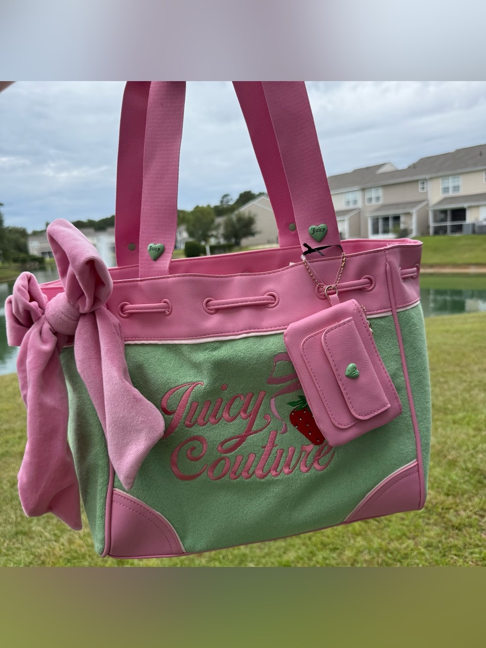 Juicy Couture Pink and Mint Tote with Bow and Card Holder daydreamer